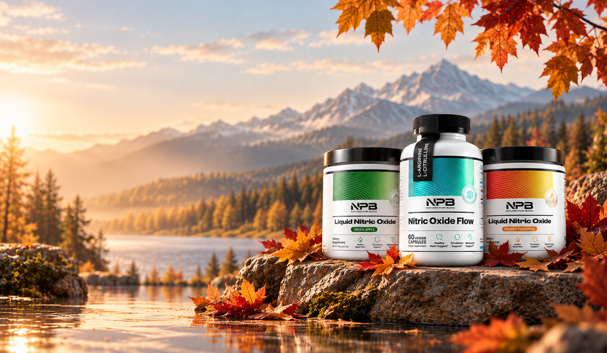Natures Pure Blend nitric oxide supplements in an autumn landscape