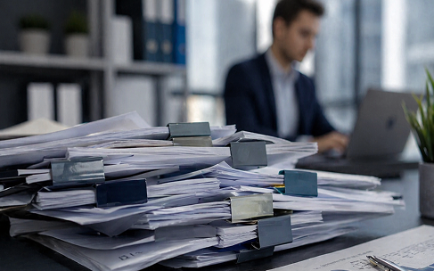 Researching at a desk piled with papers